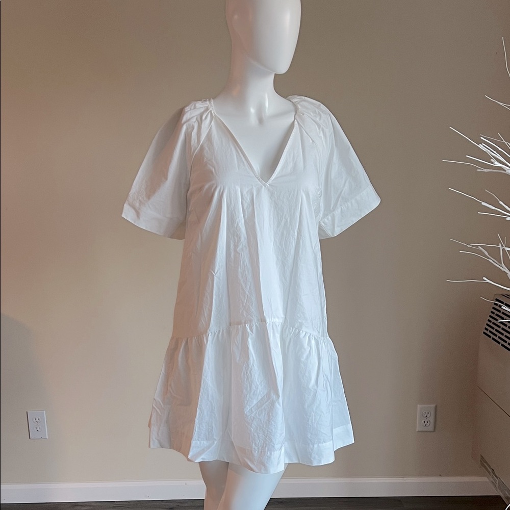 A New Day Flutter Short Sleeve Tiered Poplin Minidress V Neck white .